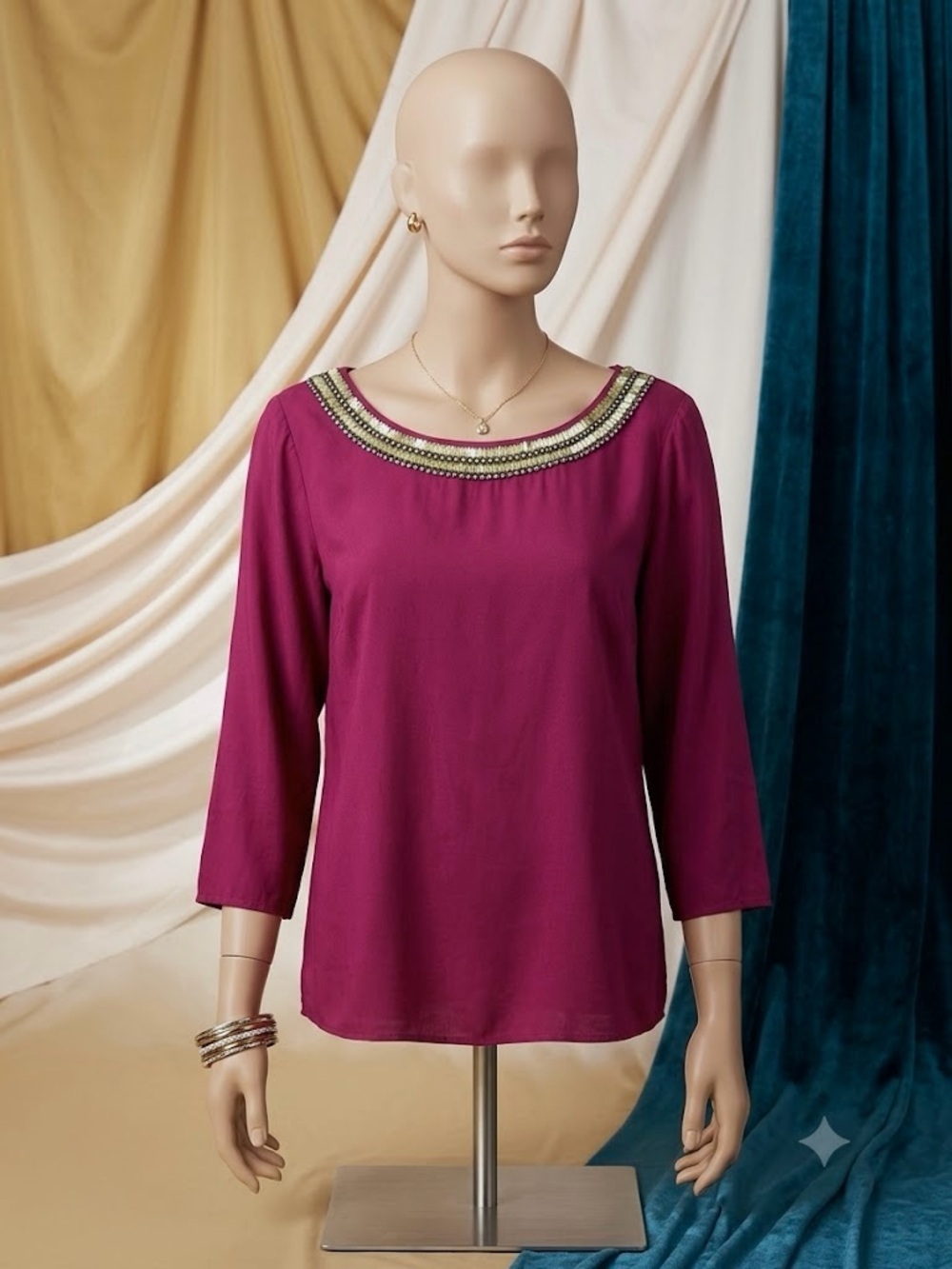 Boden Silk Blend Sequin Embellished Neckline Blouse Fuchsia 12 **Flawed**